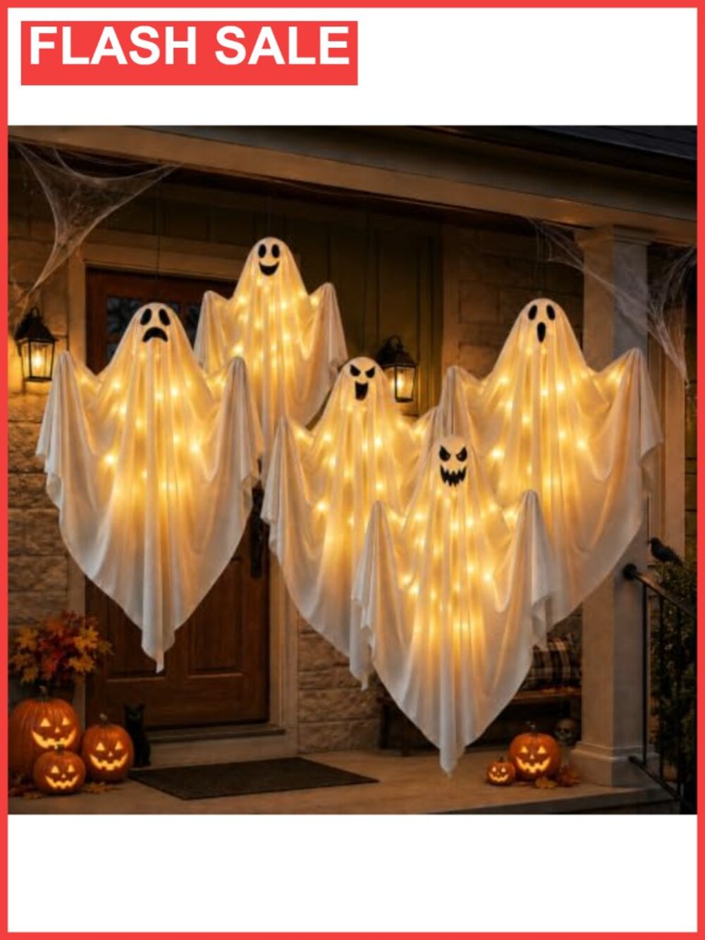 5 Pack LED Light Up Hanging Ghosts Halloween Outdoor Decor Timer